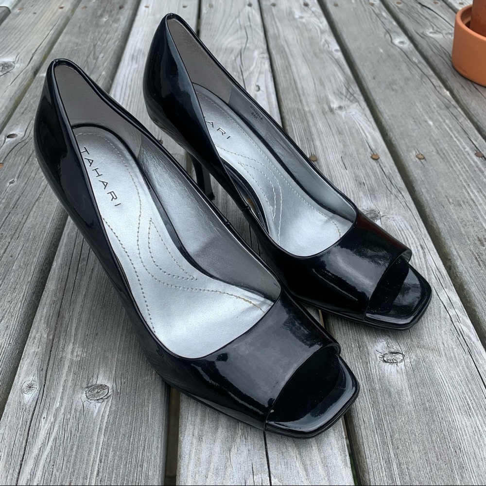 Tahari Black Patent Leather Open Toe Pump
